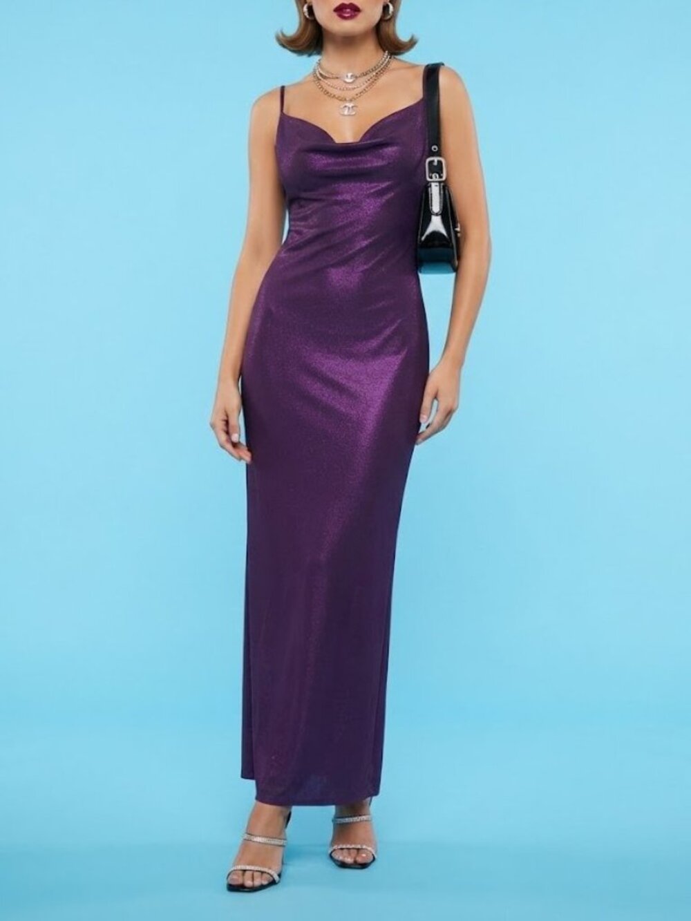 Vintage Y2K Deep Purple Cowl Neck Formal Floor Length Maxi Slip Dress